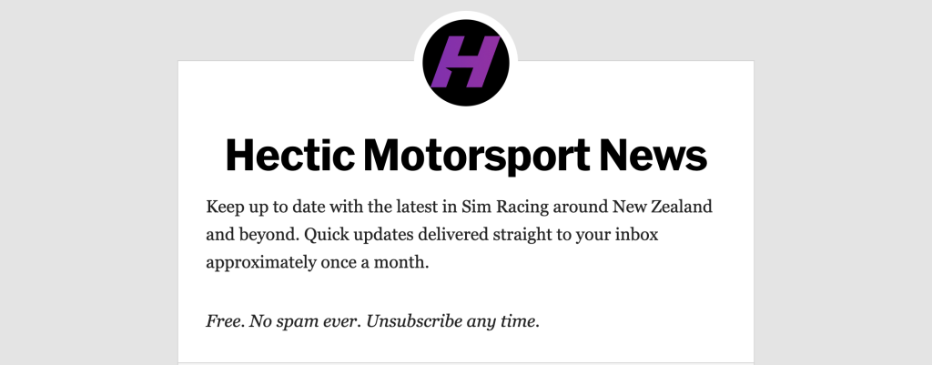 Hectic Motorsport News graphic. Free. No spam ever. Unsubscribe any time.